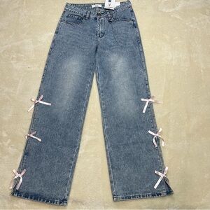 Rise Supply Co. Mid Rise Wide Leg Jeans NWT Pink Bows Vintage Wash Sz 5 Coquette